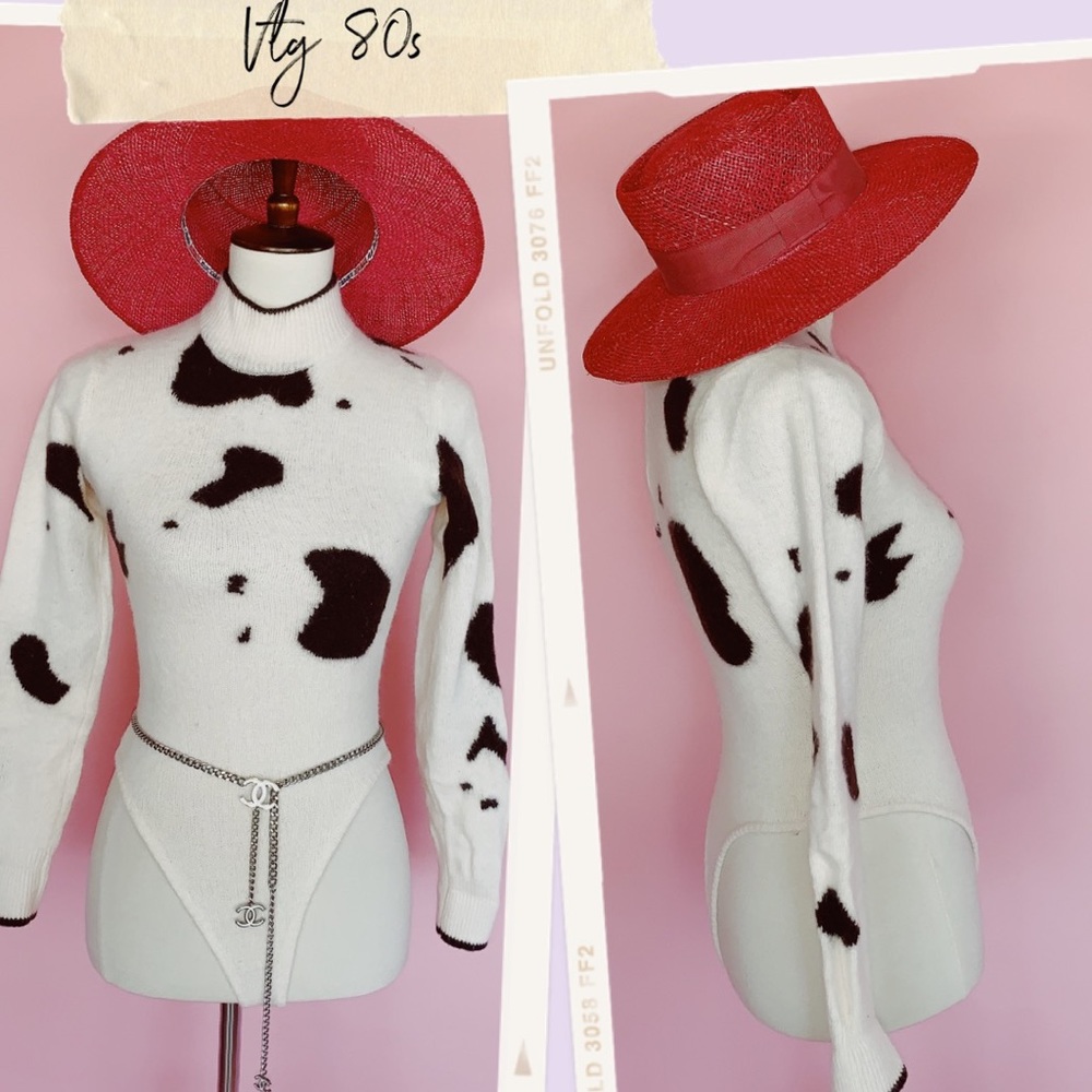 Vtg 80s RARE Cashmere Cow Print Bodysuit XS SM